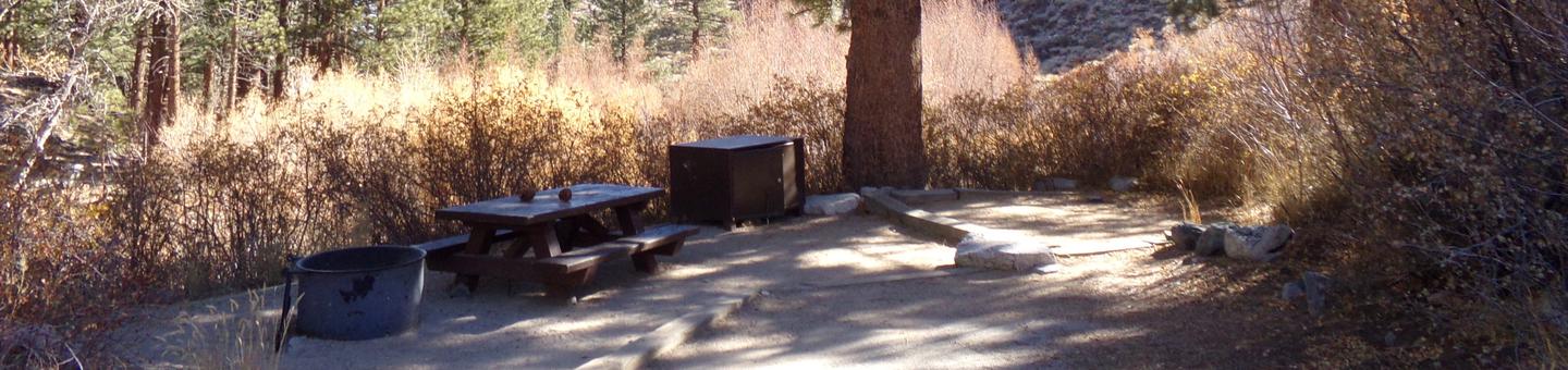 Big Pine Creek Campground Site #17 featuring picnic table, food storage, and fire pit.Site #17 featuring picnic table, food storage, and fire pit