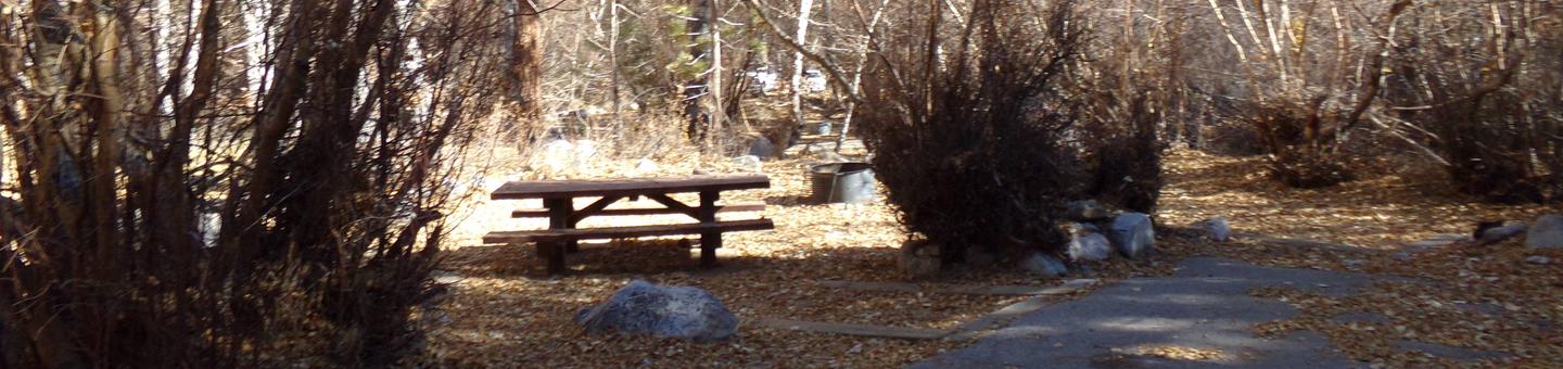 Big Pine Creek Campground Site #30 reflects the entrance to site and camp space with picnic table.