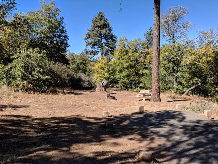 Burnt Rancheria Campground Site #24 featuring entrance to the wooded site and camping space. 