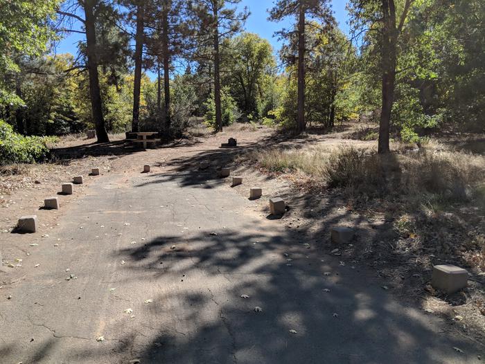 Burnt Rancheria Campground Site #34 featuring entrance to the wooded site and camping space.