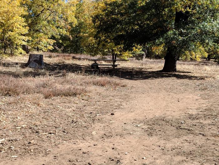 Burnt Rancheria Campground Site #40 featuring entrance to the wooded site and picnic table.