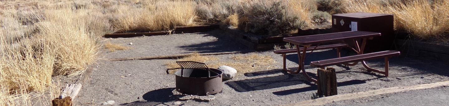 Site #5 at Convict Lake Campground featuring camping area with picnic table, bear resistant food storage, and fire pit.