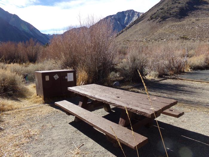 Convict Lake Campground site #44 featuring entrance to site and mountain views.Convict Lake Campground site #44 featuring entrance to site and mountain views. Picnic table, fire pit, and bear resistant food storage provided.
