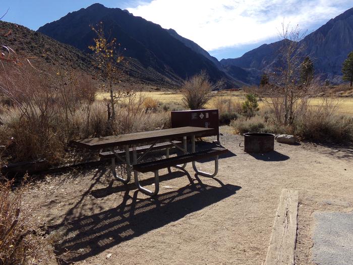 Convict Lake Campground site #72 featuring picnic table, food storage, and fire pit with meadow and mountain views. 