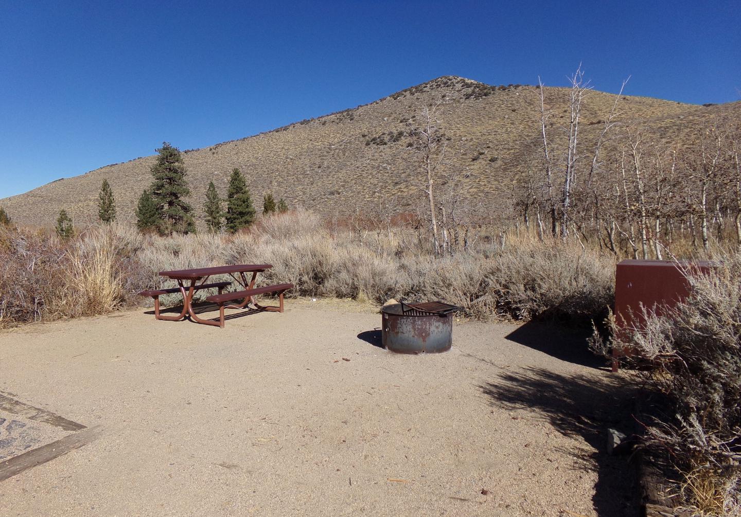 Convict Lake Campground site #75 featuring full campsite view backing up to mountain. Convict Lake Campground site #75 featuring full campsite view backing up to mountain. Picnic table, fire pit, and bear resistant food storage provided.
