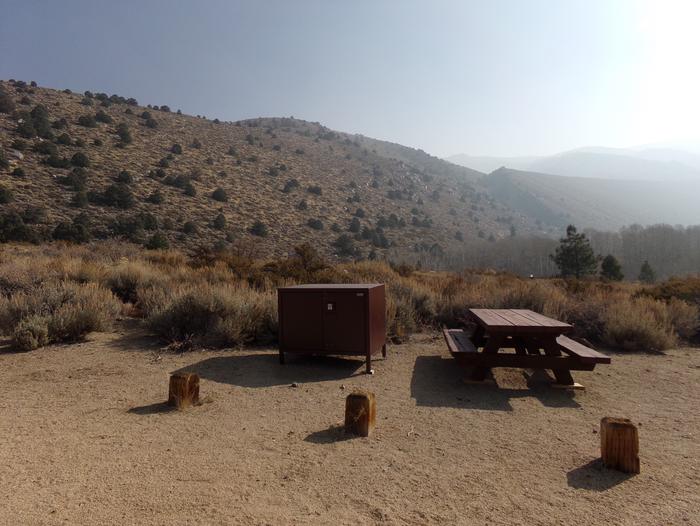 Four Jeffery Campground site #33 featuring picnic table, food storage, and fire pit.