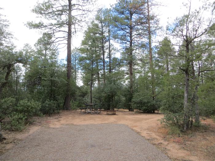 Houston Mesa, Elk Loop site #20 featuring entrance to the wooded site, fire pit, and picnic table.