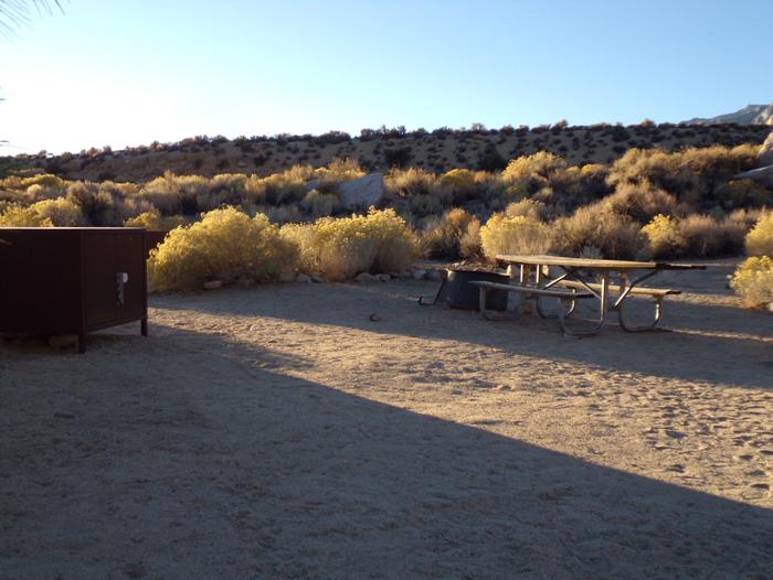 Lone Pine Campground site #02 featuring picnic area, fire pit, and food storage. 