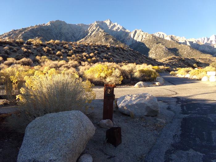 Entrance to site #02 and features the mountain views at Lone Pine Campground.