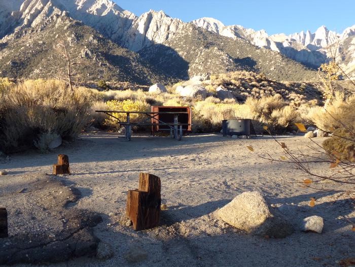 Lone Pine Campground site #08 featuring picnic area, food storage, and fire pit with mountain views. 
