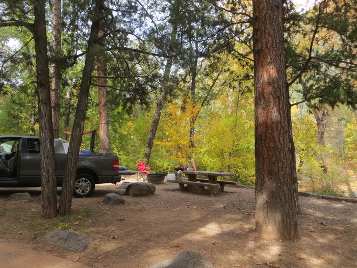 Manzanita Campground site #18 featuring the treed picnic area, camping space, and fire pit.