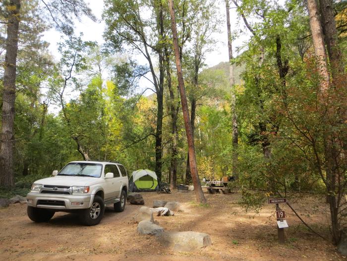 Manzanita Campground site #19 featuring the treed picnic area, camping space, and fire pit.