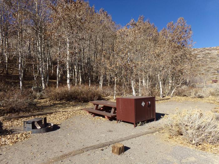 McGee Creek Campground site #23 with full campsite view including picnic area, food storage, and fire pit. 
