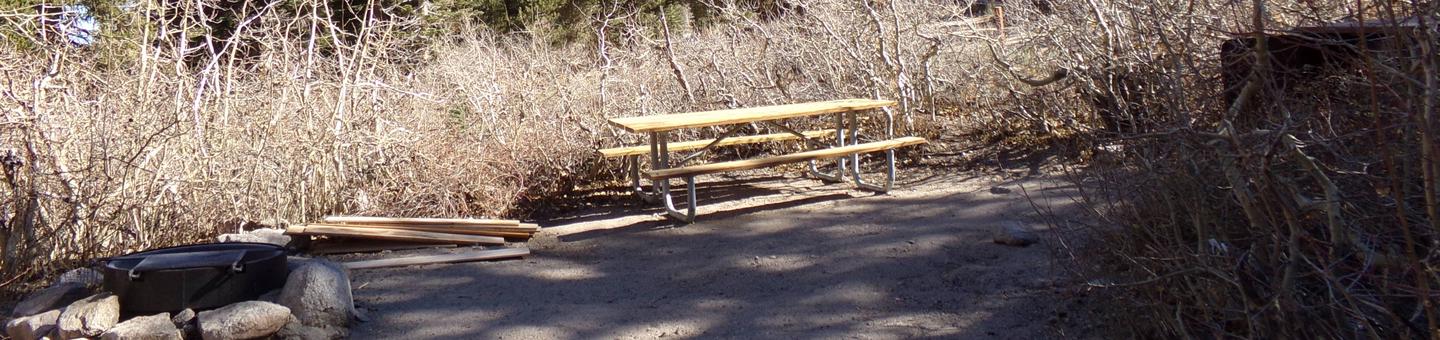 Onion Valley Campground site #27 featuring picnic table, food storage, and fire pit.