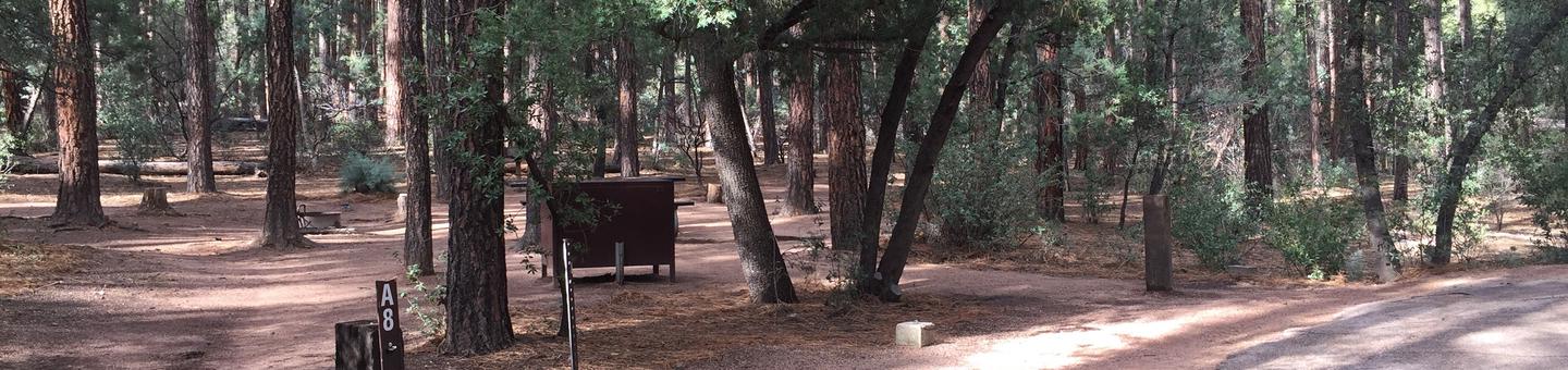 Ponderosa Campground site #A-08 featuring wooded camping space with picnic area and fire pit. 