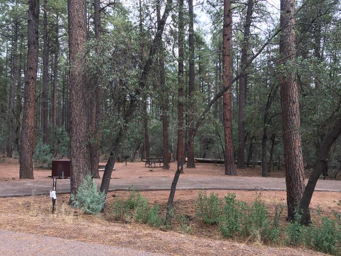 Ponderosa Campground site #A-18 featuring wooded camping space with picnic area and fire pit. 