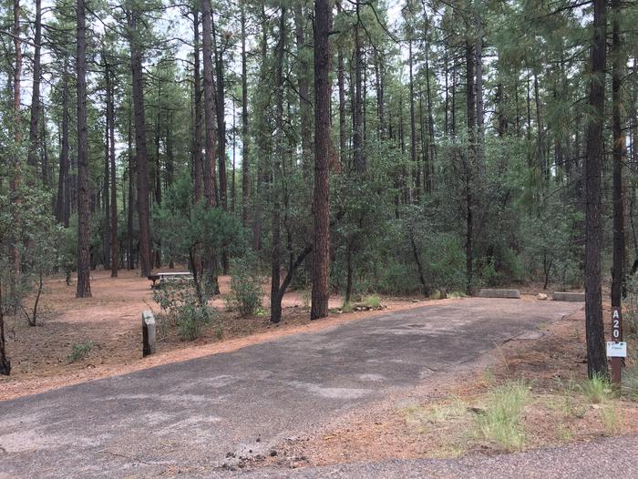 Ponderosa Campground site #A-20 featuring wooded camping space with picnic area and fire pit. 