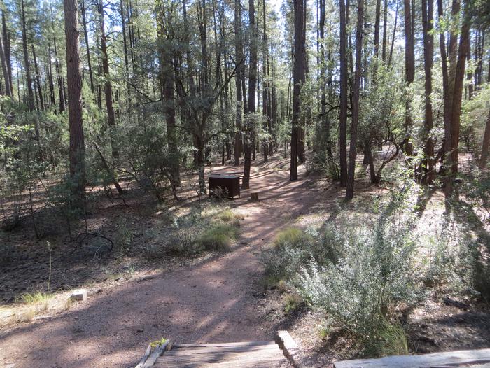 Ponderosa Campground site #A-22 featuring wooded camping space with picnic area and fire pit. 