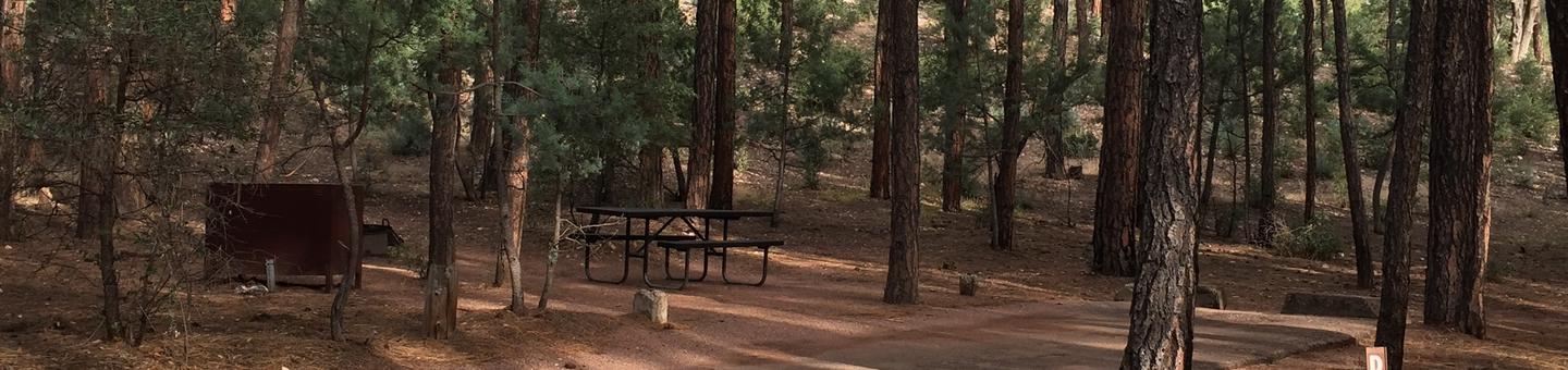 Ponderosa Campground site #D-08 featuring wooded camping space with picnic area and fire pit. 