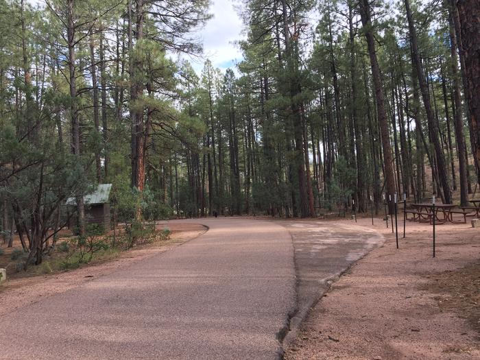 Ponderosa Campground Group Site #F featuring parking, the site loop, and restroom. 