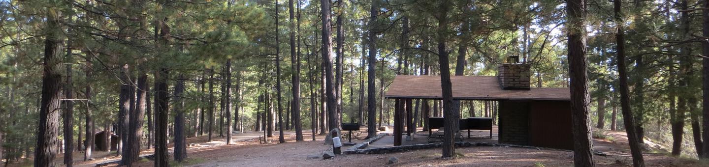 Showers Point Group Site #02 featuring covered picnic area with fire pit and large camping space. 