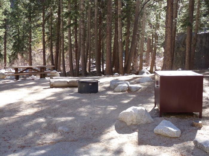 Mt. Whitney Portal Campground site #29 featuring the mountain top setting picnic area with fire pit. 