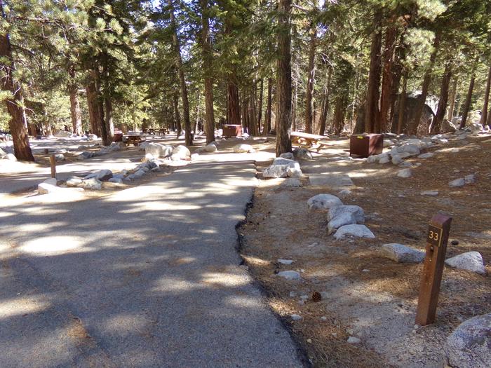 Parking space and entrance to site #33, Mt. Whitney Portal Campground. 