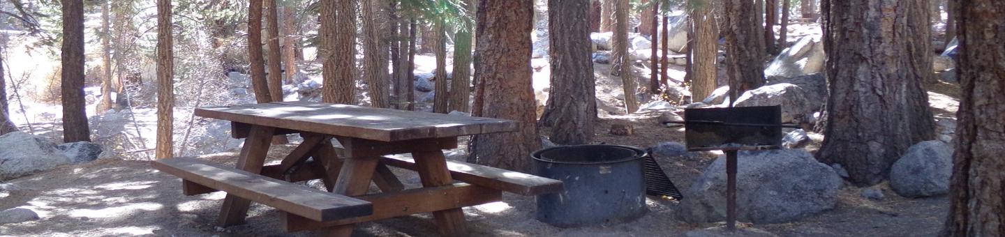Mt. Whitney Portal Campground site #44 featuring the mountain top setting picnic area and camping space. 