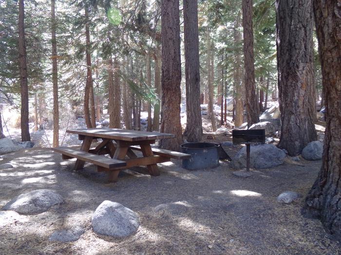 Mt. Whitney Portal Campground site #44 featuring the mountain top setting picnic area and camping space. 