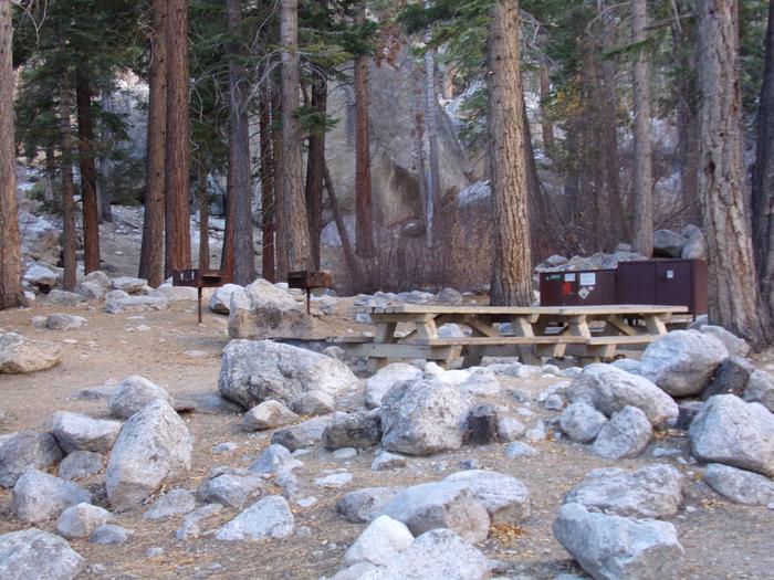 Mt. Whitney Portal Campground Group Site #02 featuring mountain top camping space with multiple picnic tables and fire pits. 