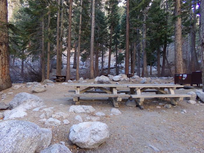 Mt. Whitney Portal Campground Group Site #02 featuring mountain top camping space with multiple picnic tables and fire pits. 
