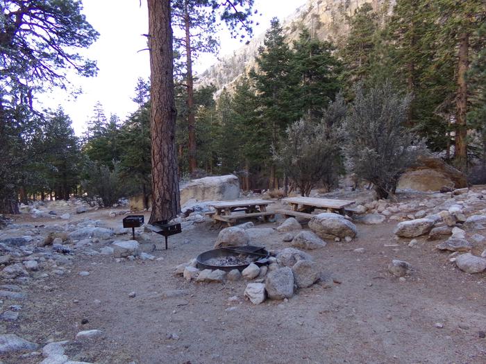 Mt. Whitney Portal Campground Group Site #03 featuring mountain top camping space with multiple picnic tables and fire pits. 
