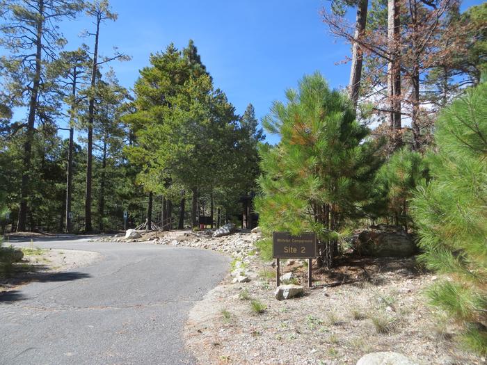 Entrance and the parking lot to Group Site #02, Whitetail Campground. 