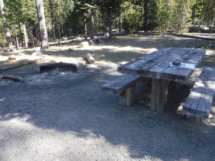 Flat campsite with one picnic table and fire ring.J-03
