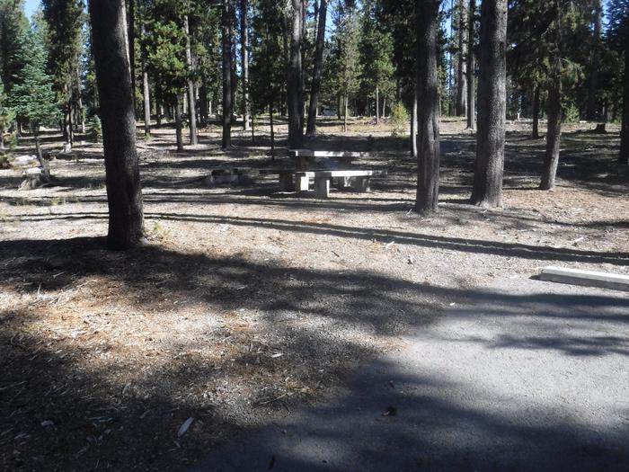 Flat campsite with two picnic tables and a fire ring. J-06