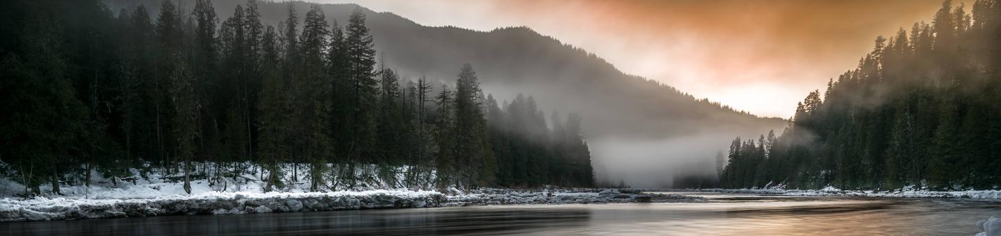 A misty winter sunset at the headwaters of the Clearwater River near the convergence of the Lochsa and Selway Rivers in northern Idaho.Headwaters of the Clearwater River