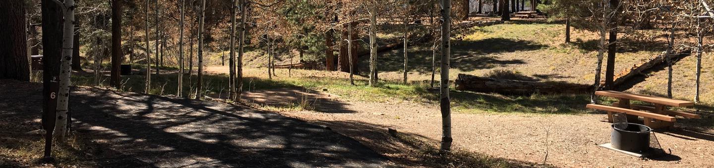 Picnic table, fire pit, and driveway for North Rim Campground, Site 6.