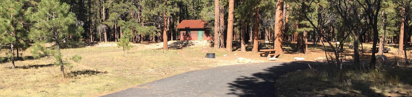 Picnic table, fire pit, and driveway for North Rim Campground, Site 20.
