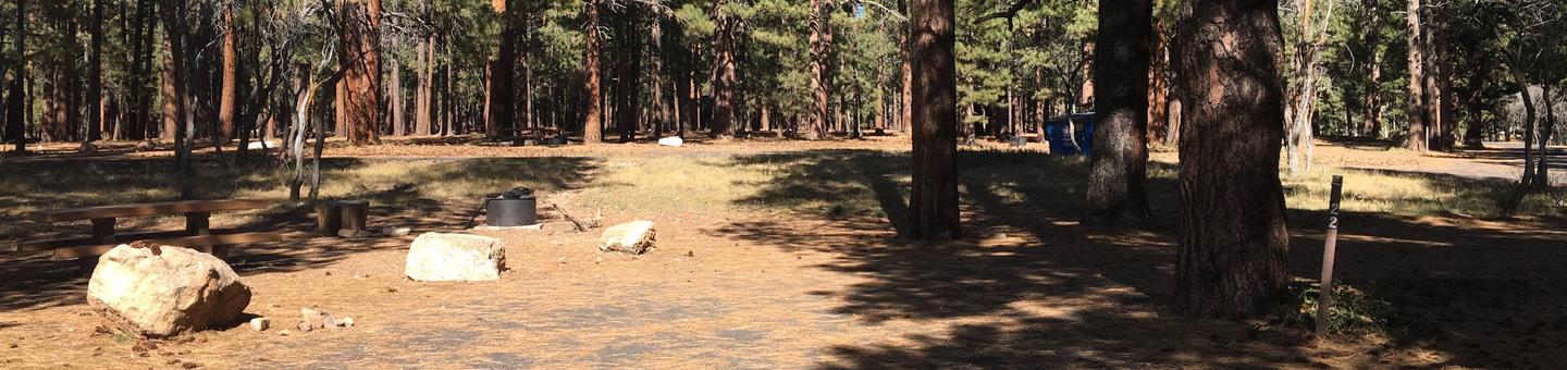 Picnic table, fire pit, and driveway for North Rim Campground, Site 22.