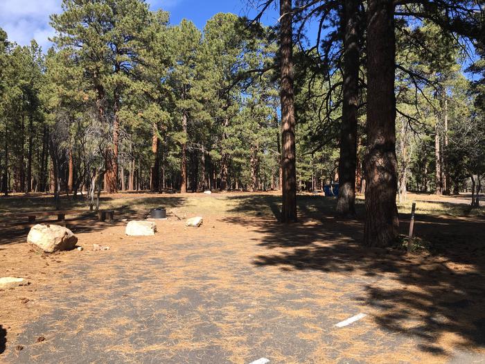 Picnic table, fire pit, and driveway for North Rim Campground, Site 22.