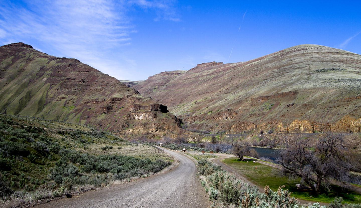 The northern terminus of the Lower Deschutes Back Country Byway at Macks Canyon campground.