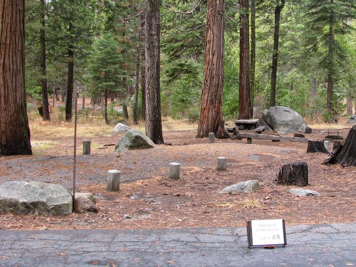 Paved site with picnic table and fire ringPinecrest Campground Site A4