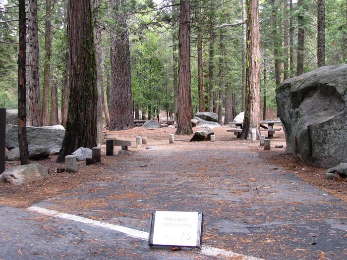 Paved site with picnic table and fire ringPinecrest Campground Site A5