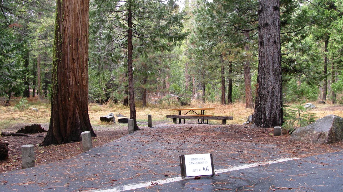 Paved site with picnic table and fire ringPinecrest Campground Site A6