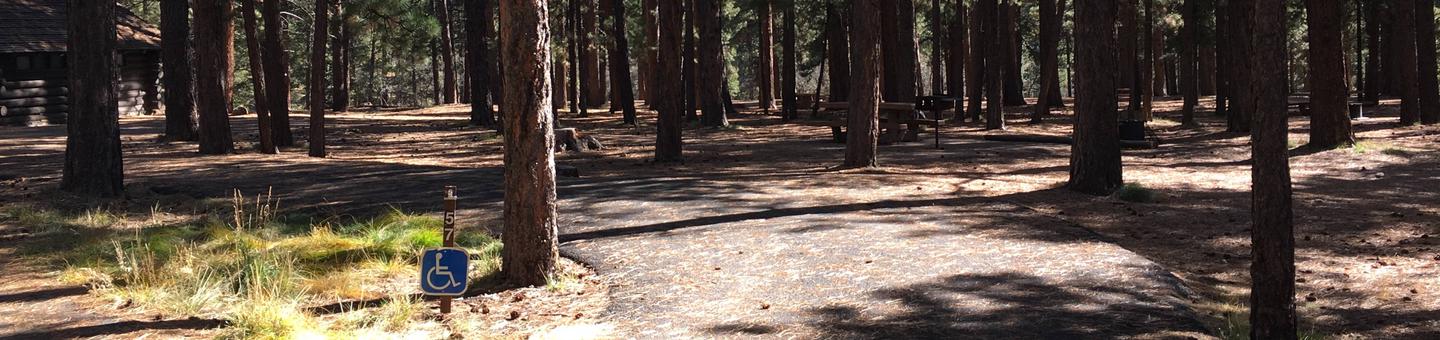 Picnic table, fire pit, and driveway for North Rim Campground, Site 57.