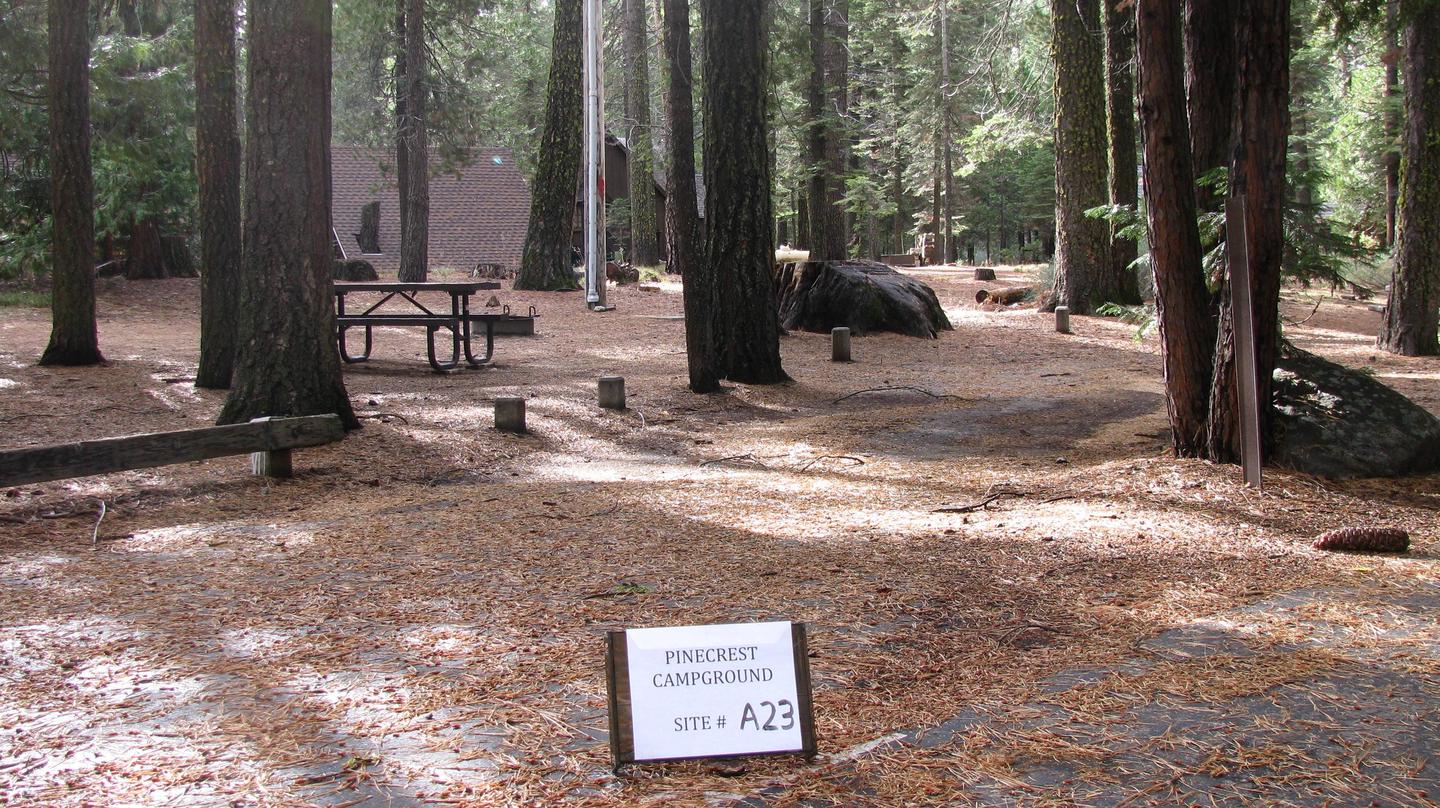 Paved site with picnic table and fire ringPinecrest Campground Site A23