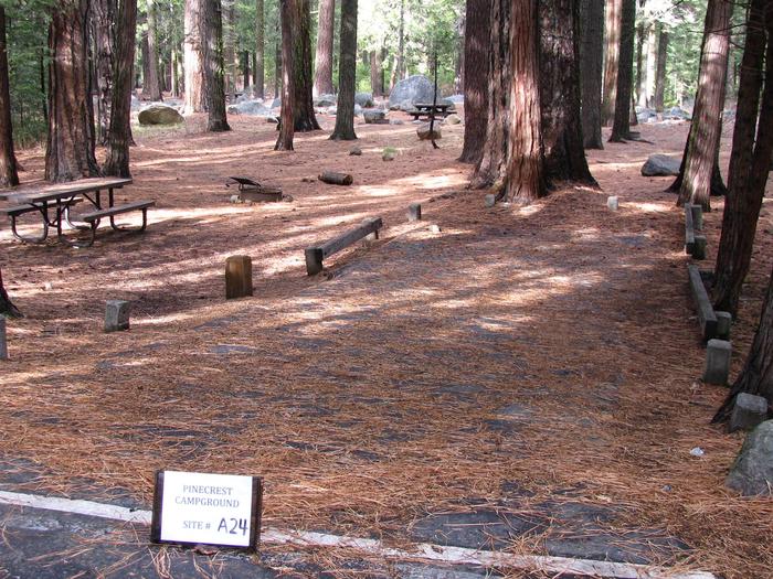 Paved site with picnic table and fire ringPinecrest Campground Site A24