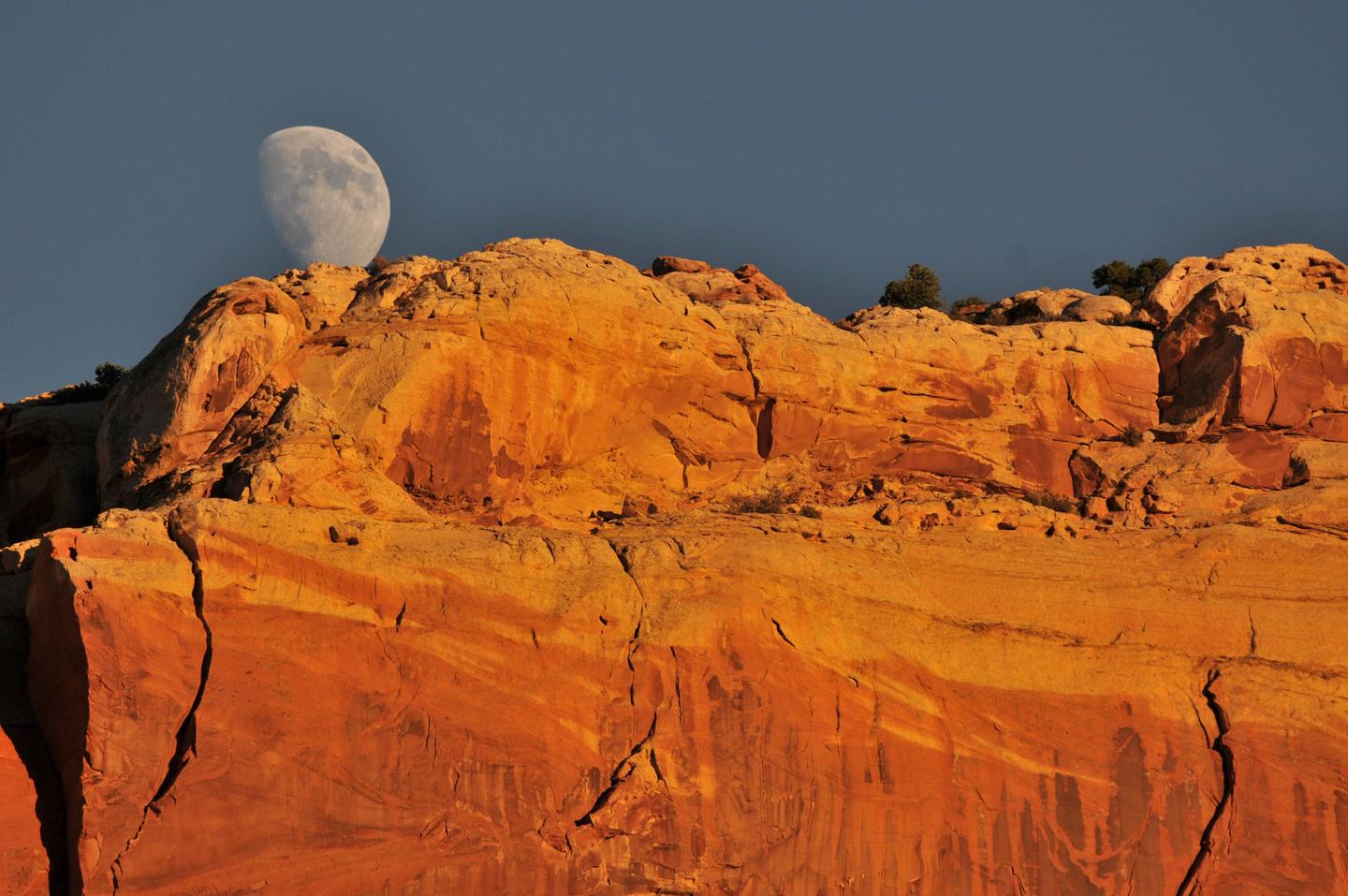 An almost full moon comes over a orange-red colored rock formation.Moonrise over Capital Reef.  Photo taken from Fruita Campground