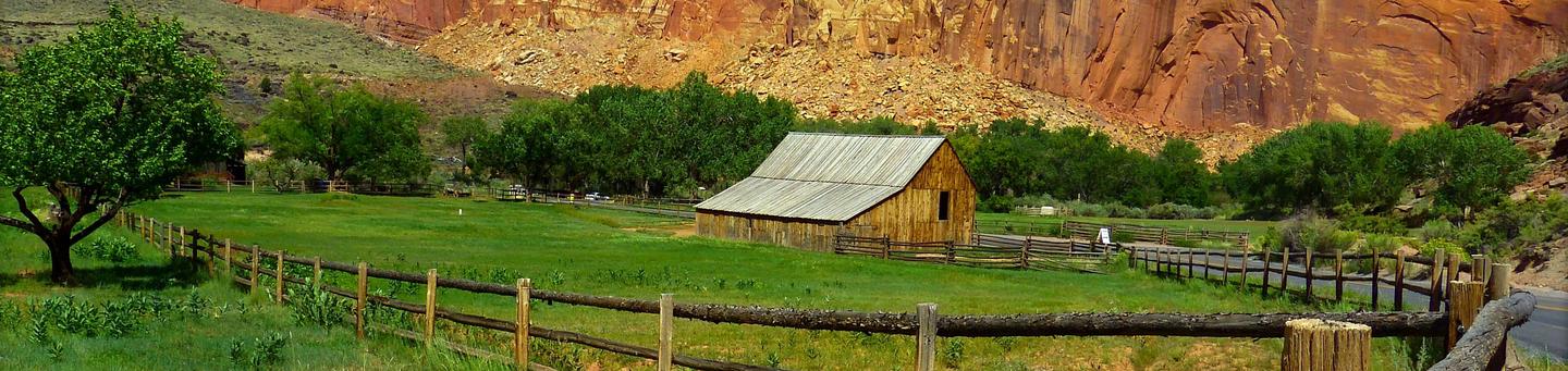 A old barn sites in a grass field. A red rock cliff is the background.Historic Gifford Barn near Fruita Campground