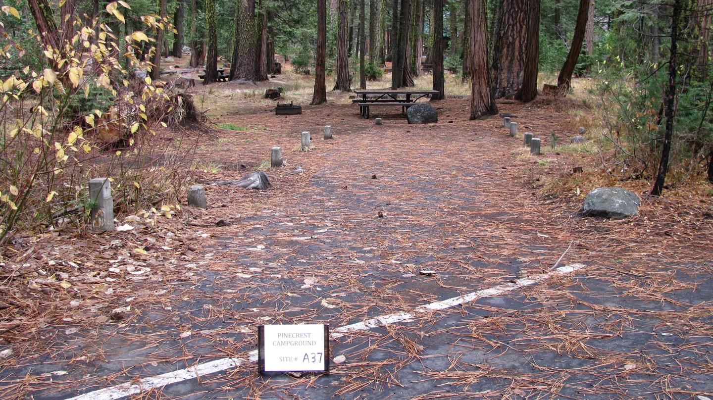 Paved site with picnic table and fire ringPinecrest Campground Site A37